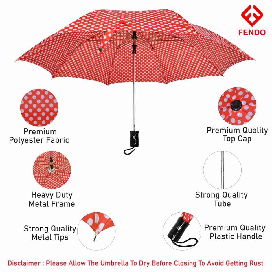 Fendo Delma 2 Fold Auto Open 24.5 Inch Sun & Rainproof Regular Umbrella For Men & Women | Red Dots