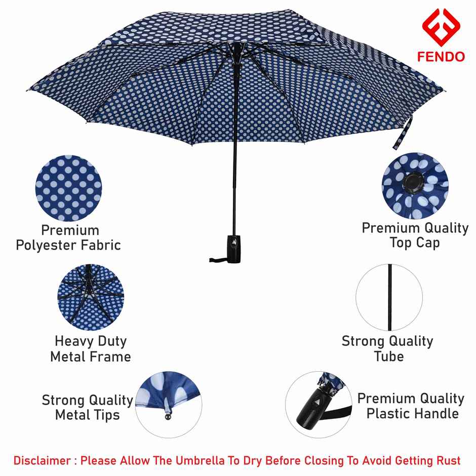 Fendo Bobby 3 Fold Auto Open 23.5 Inch Sun & Rainproof Regular Umbrella For Men & Women | Navy Dots