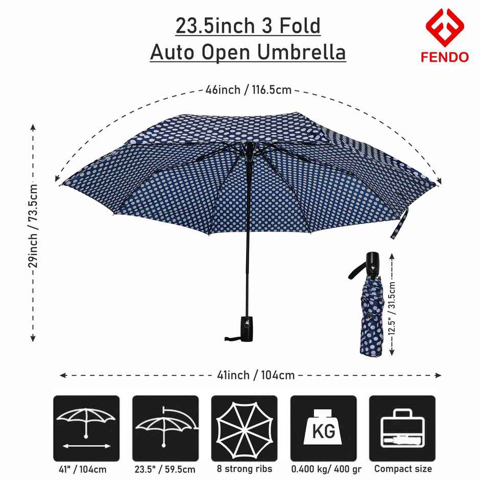 Fendo Bobby Auto Open Sun & Rainproof Regular | For Men & Women | Navy Dots | 23.5 Inch | 3 Fold