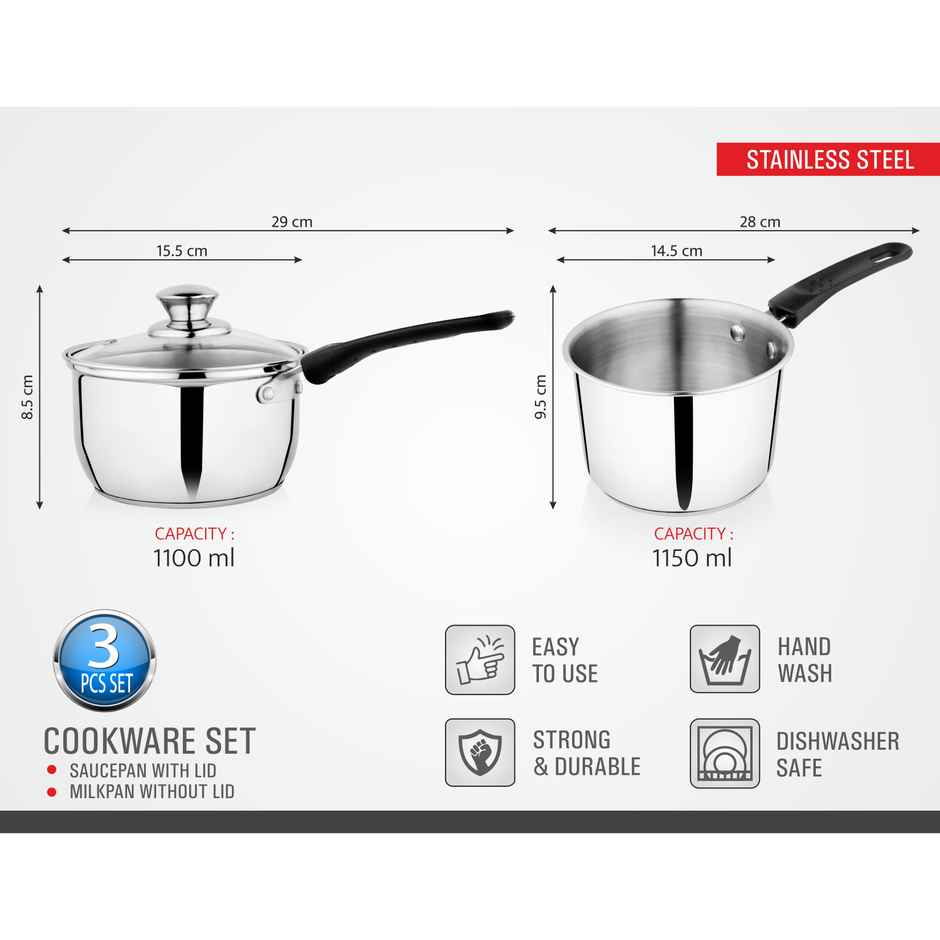 BAY6 Induction Friendly Cookware Set (1100 ml Saucepan with Glass Lid + 1150 ml Milk Pan) - (3pc)