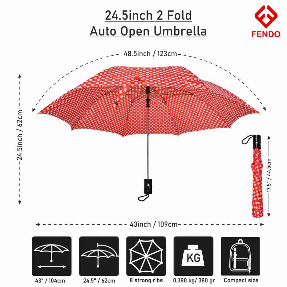 Fendo Delma 2 Fold Auto Open 24.5 Inch Sun & Rainproof Regular Umbrella For Men & Women | Red Dots
