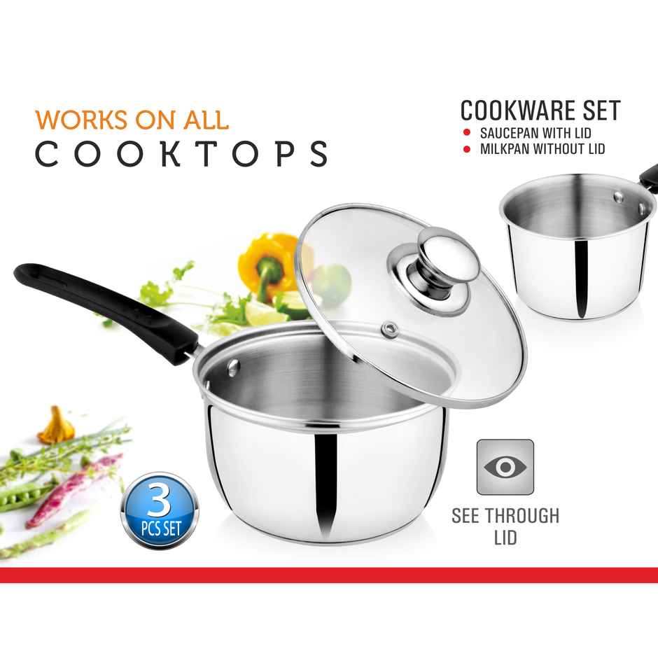 BAY6 Induction Friendly Cookware Set (1100 ml Saucepan with Glass Lid + 1150 ml Milk Pan) - (3pc)