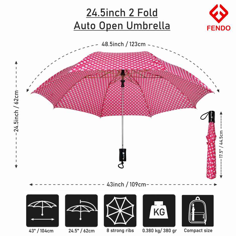Fendo 2 Fold 24.5 inch Pink Dot Auto Open Umbrella