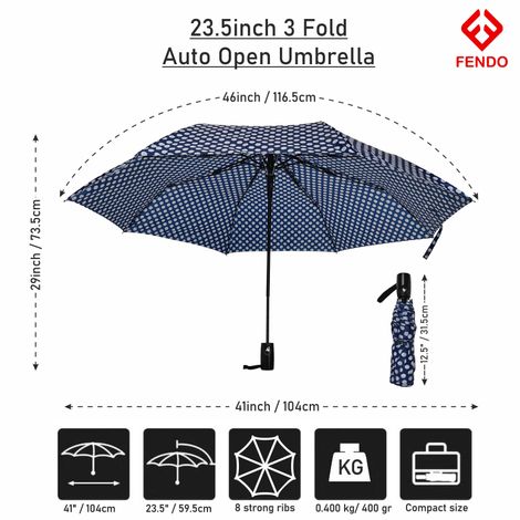 Fendo Bobby 3 Fold Auto Open 23.5 Inch Sun & Rainproof Regular Umbrella For Men & Women | Navy Dots
