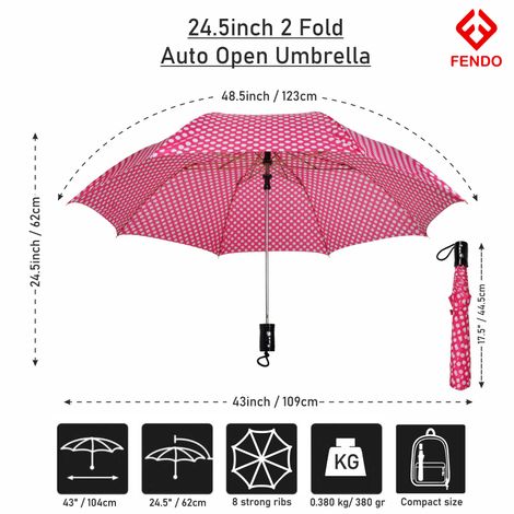 Fendo 2 Fold 24.5 inch Pink Dot Auto Open Umbrella