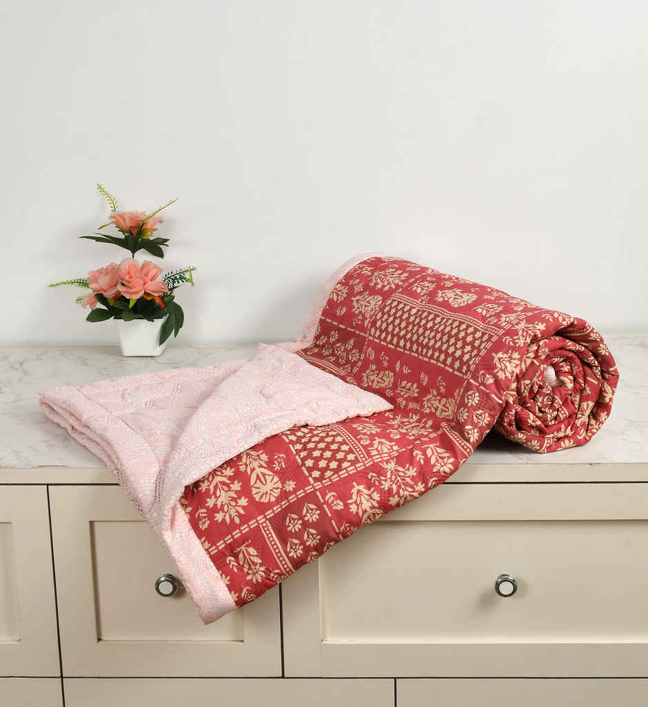 Furnofy Ultrasonic Comforter King Size Light Weight | Microfibre | Red & Cream - 80 x 90 in