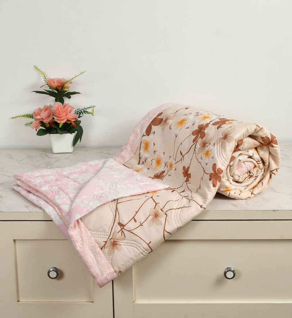 Furnofy Ultrasonic Comforter King Size Light Weight | Microfibre |Beige & Pink Autum - 80 x 90 in