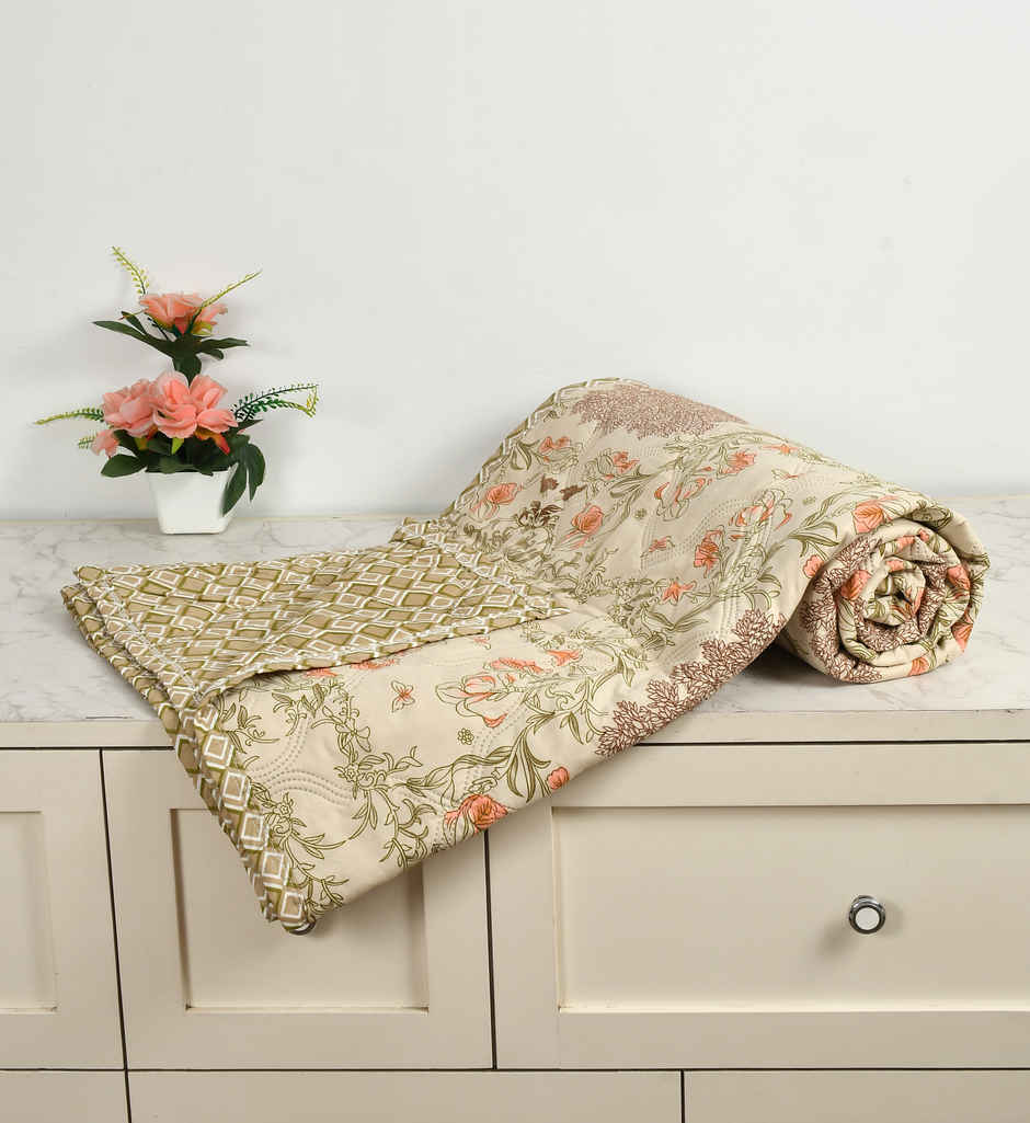 Furnofy Ultrasonic Comforter King Size Lightweight | Microfiber | Beige Floral - 80 x 90 in