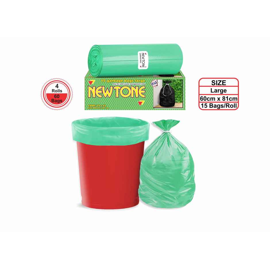 Newtone Premium Garbage Bags - 24 x 32 Inches Large 60 Bags | Pack of 4 | Green
