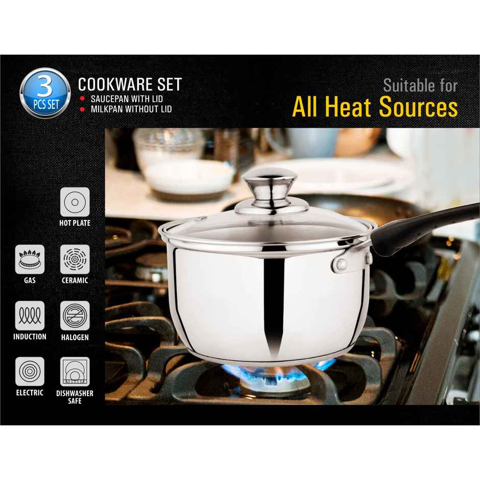 BAY6 Induction Friendly Cookware Set (1100 ml Saucepan with Glass Lid + 1150 ml Milk Pan) - (3pc)