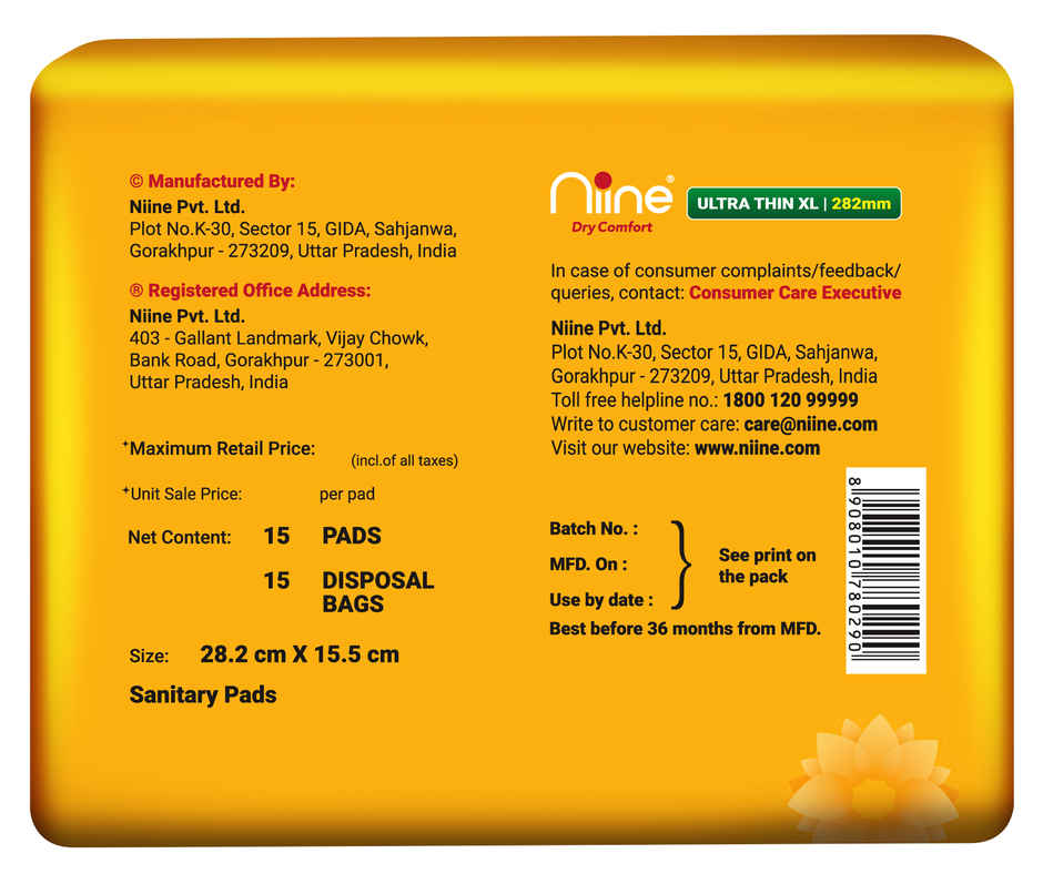 Niine Sanitary Napkins Ultra-Thin XL Dry Comfort | 282 mm | with Biodegradable Bags | 15 Pads