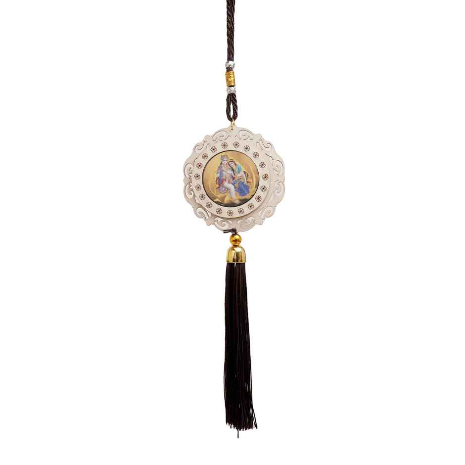 Divine Vibes Radha Krishan Round Wooden Car Hanging Decorative