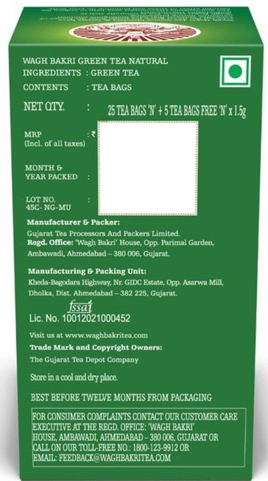 Wagh Bakri Natural Green Tea Bags 