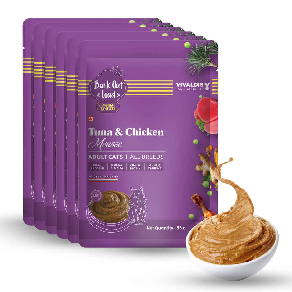 Bark Out Loud | Fresh Tuna And Chicken Mousse | Adult Cat Wet Food Gravy (510g) & Bark Out Loud Cat Pillows - Hairball Control Cat Treats - Made In Spain With Added Taurine &Vitamin E (100g) Combo