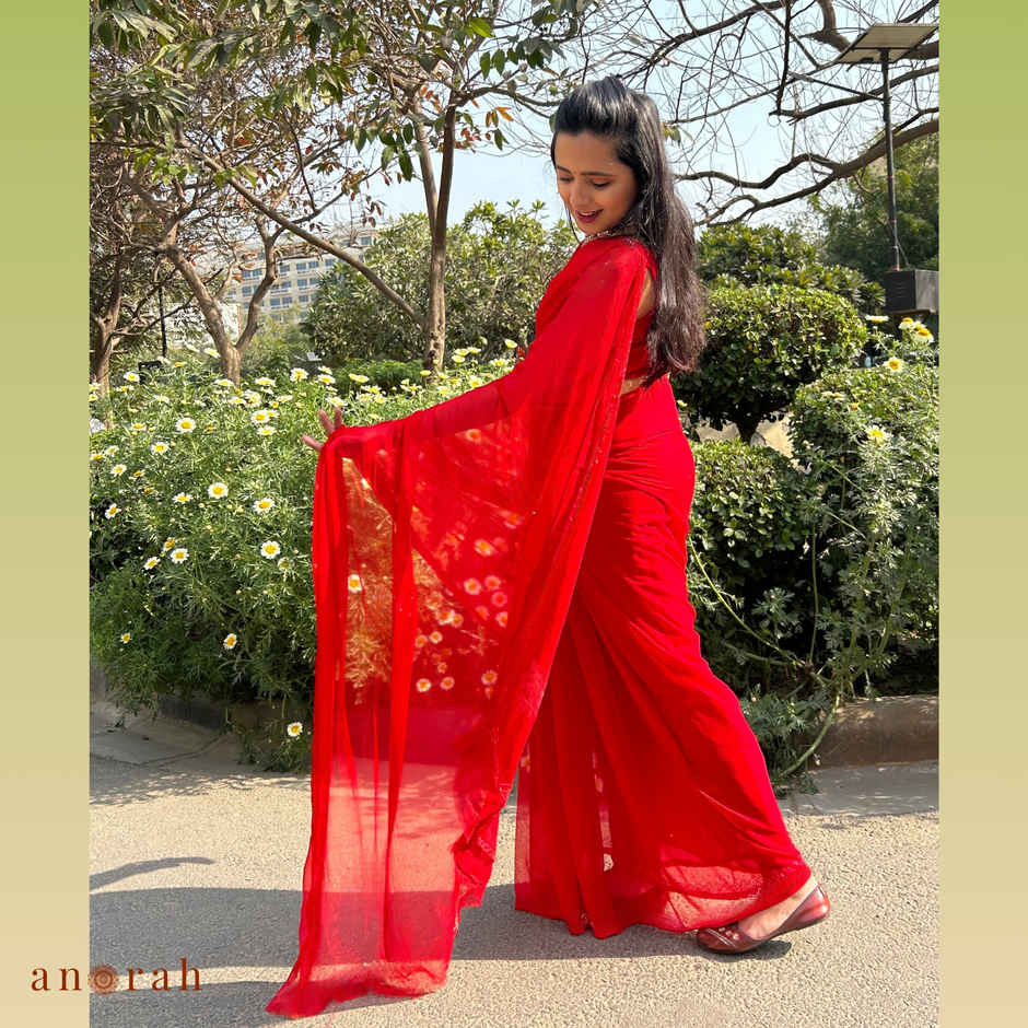 Anorah Red Chiffon Saree 