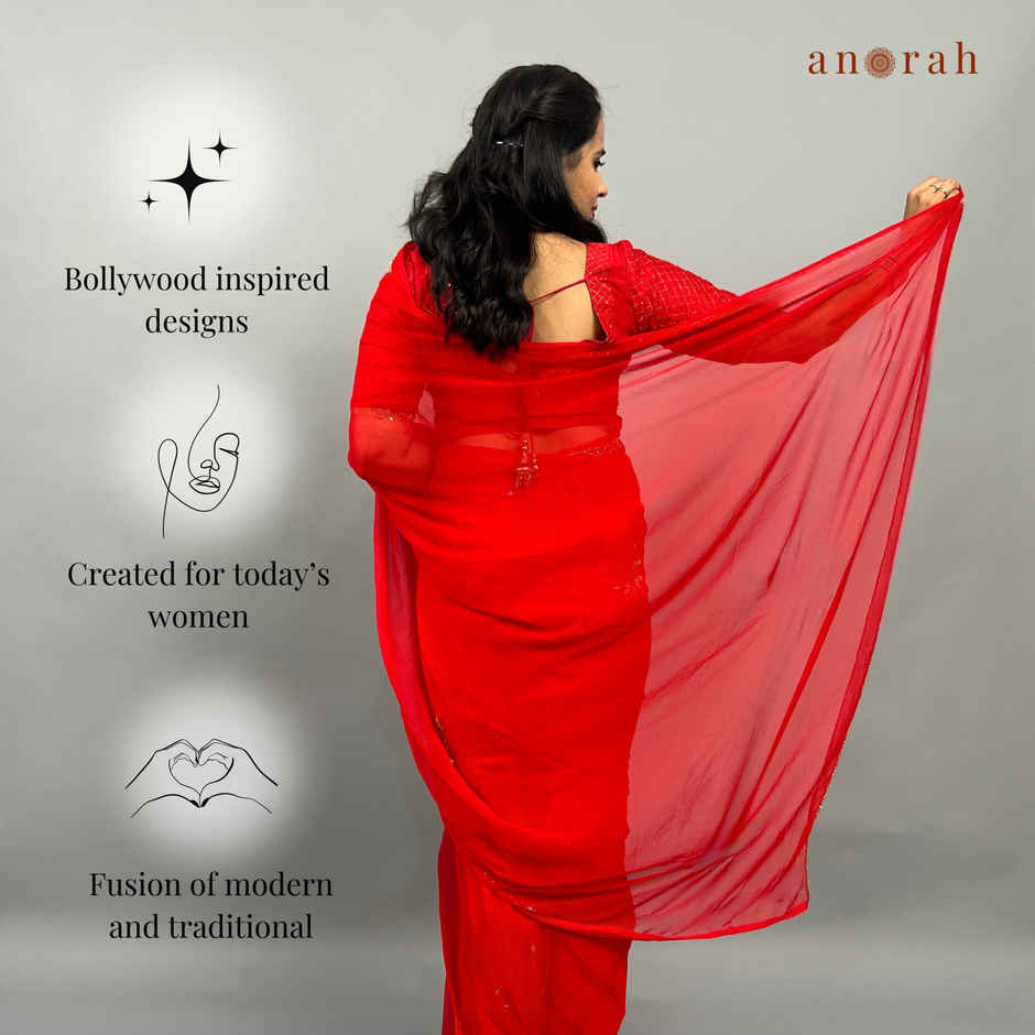 Anorah Red Chiffon Saree 