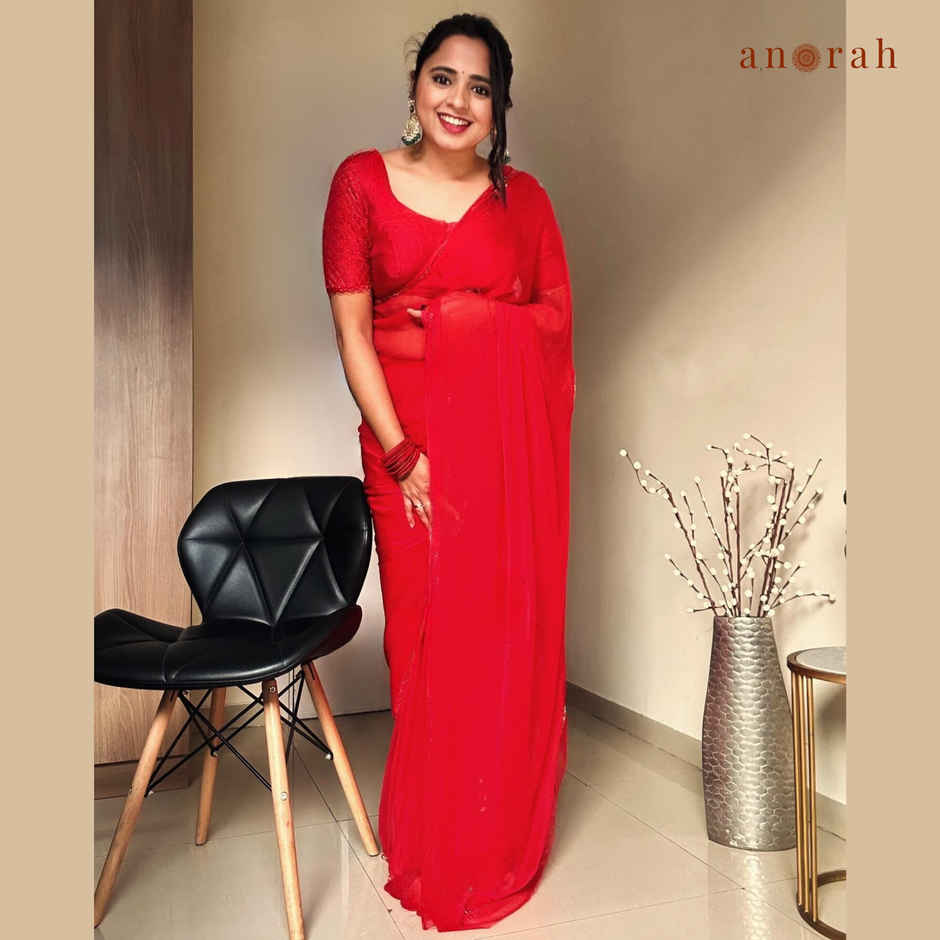 Anorah Red Chiffon Saree 