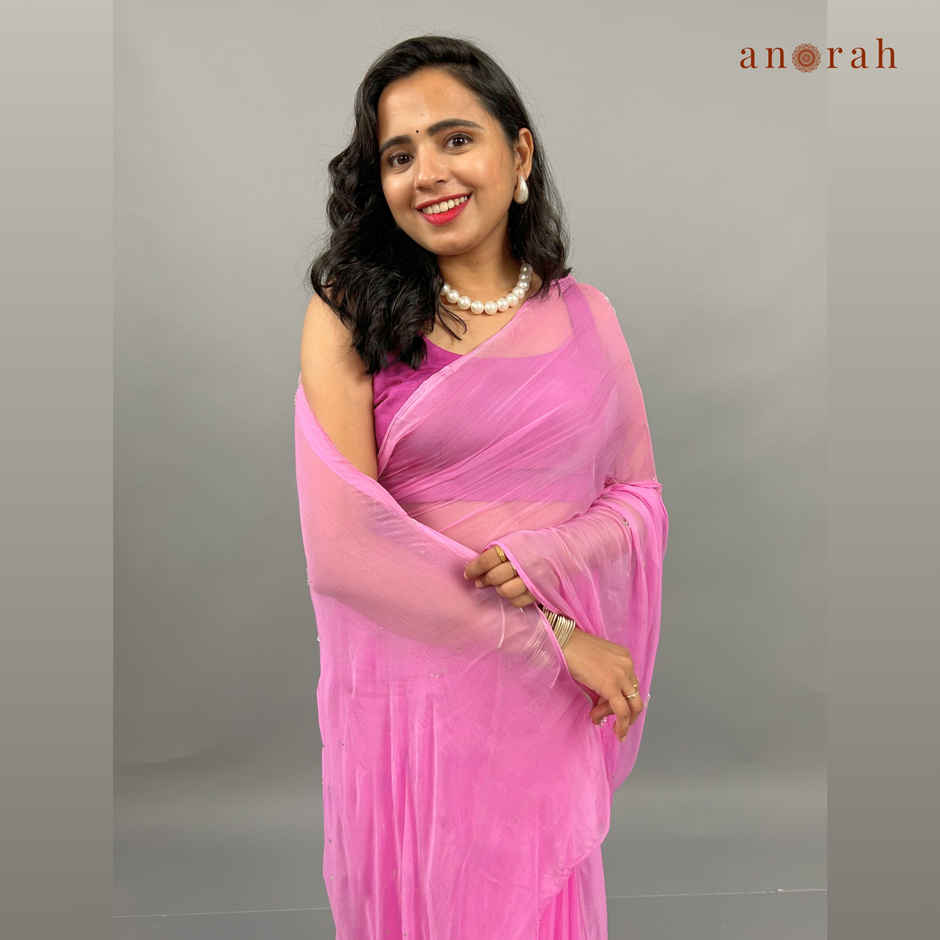 Anorah Light Pink Chiffon Saree For Karwa Chauth