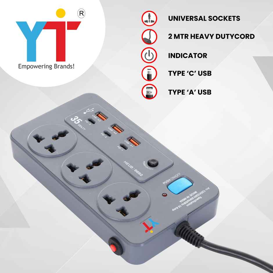 YTI Aqua Extension Board 3 Sockets, USB & PD with Push Switch