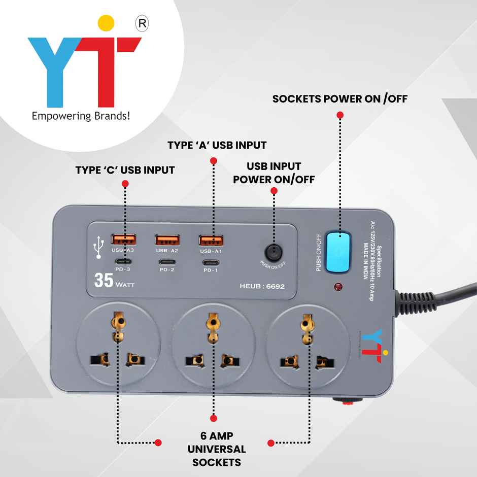 YTI Aqua Extension Board 3 Sockets, USB & PD with Push Switch