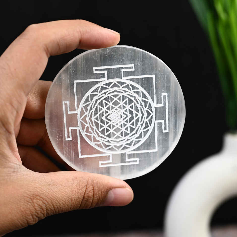 HINDCRAFT Selenite Charging Plate | Sri Yantra Engraved Crystal Plate for Meditation Spiritual Gift
