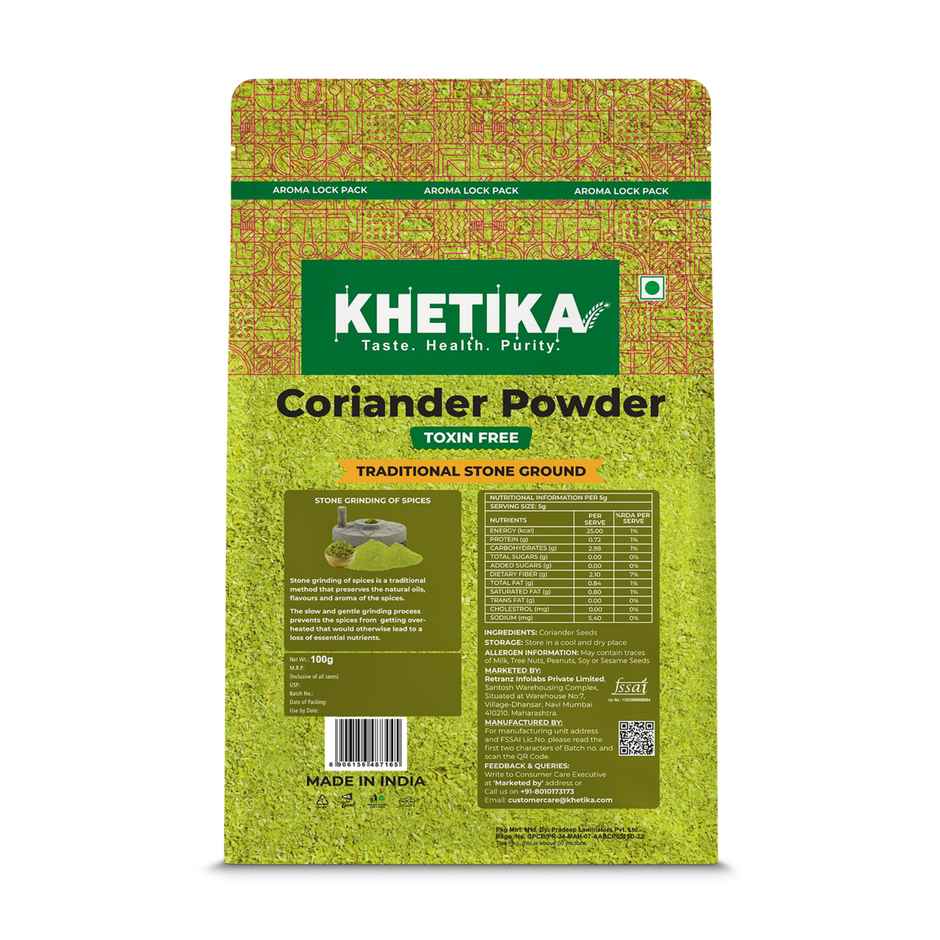 Khetika Stone Ground Coriander Powder, Single Origin, With Natural Oils, Toxin Free, Reusable Pouch
