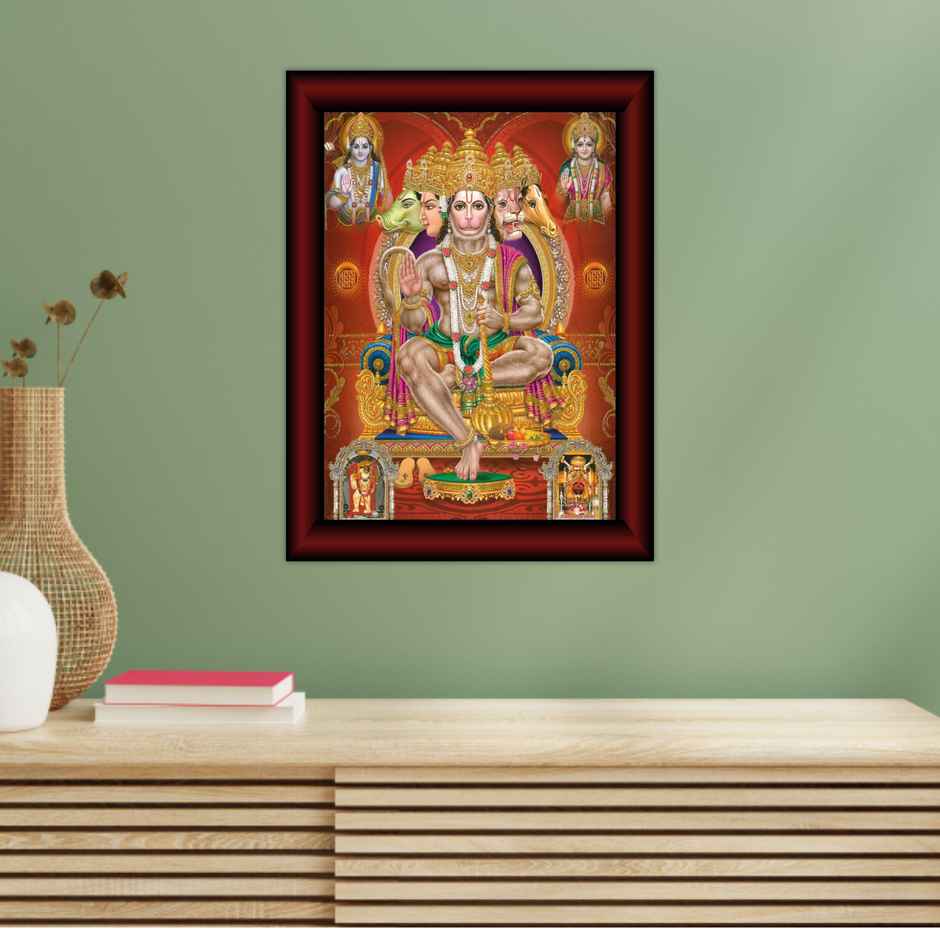 Saf Panchmukhi Hanuman Uv Textured Effect Digital Reprint 13 Inch X 11 Inch Painting (With Frame)