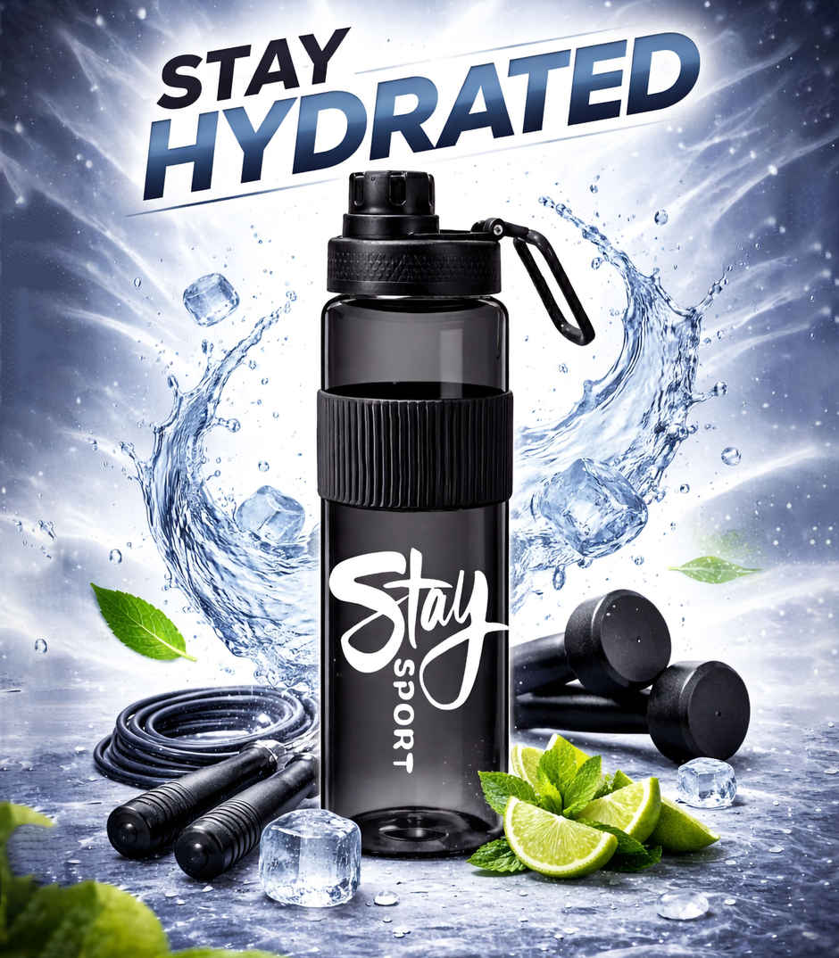 2Mech Sports Water Bottle with Silicone Grip and Strap | Black