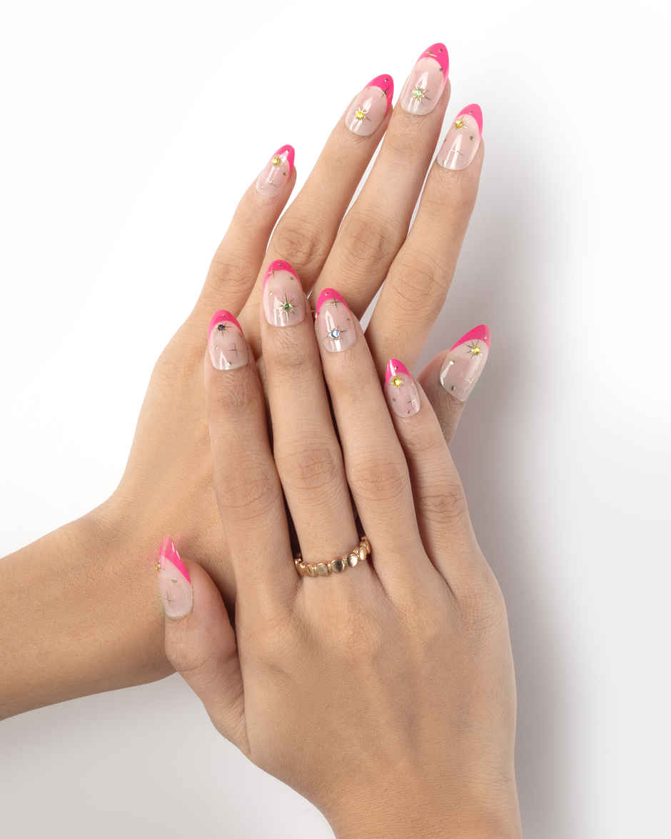 Pep Nails Blush & Bling Pink Gemstone Medium Almond Reusable Press On Nails | 24 Nail Tips
