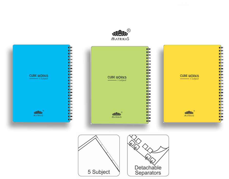 Matrikas Cubeworks NEON Spiral 5 Subject Notebook |Ruled| Wire-O-Wire| A5 Size | 300 Pages | Assorted