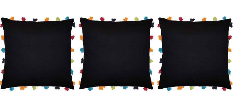 Lushomes Boho Cushion Cover - Black | Tassels & Pom Pom | 18 x 18 inch