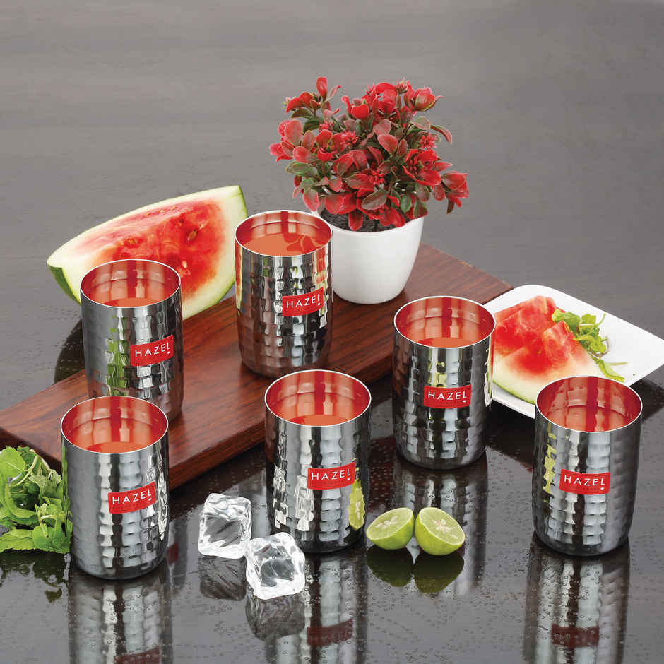 Hazel Stainless Steel Glasses, Hammered Finish, Unbreakable, Set Of 6, Dishwasher Safe