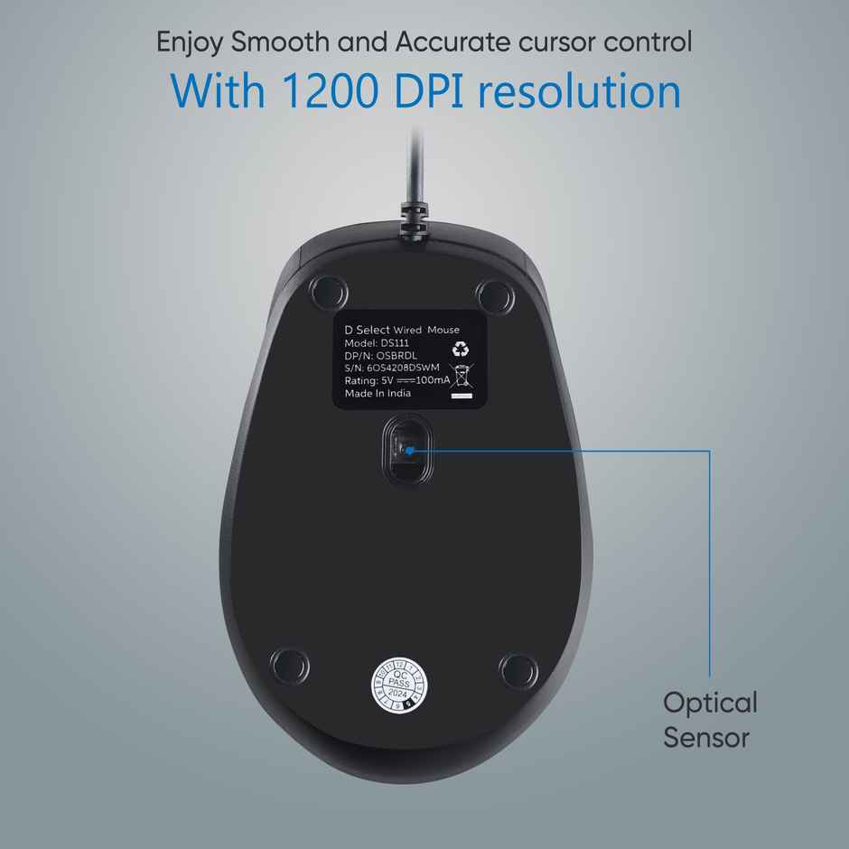D Select Dell Exclusive Wired Mouse Ds111-Black With Usb Type A Connector 1200Dpi