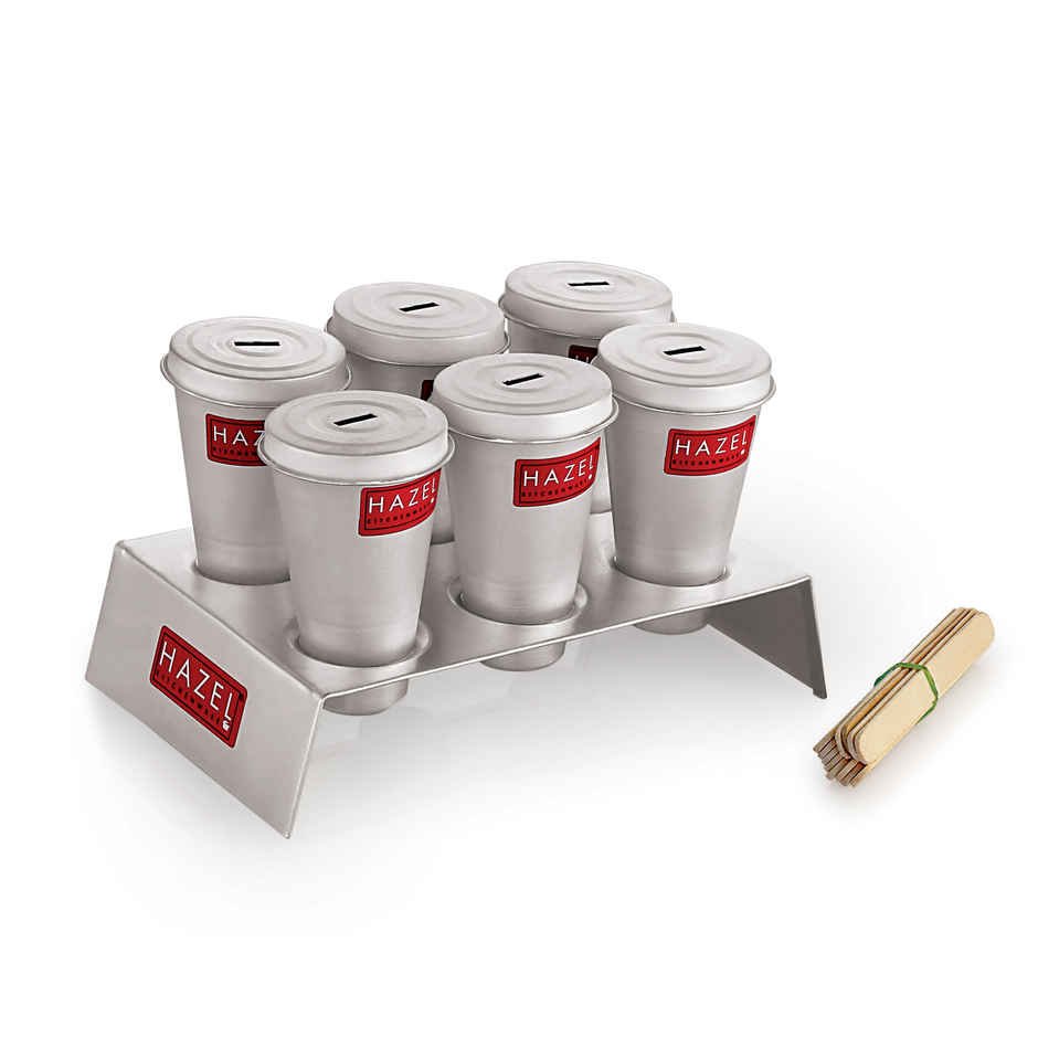 Hazel Reusable Aluminium Kulfi Mould Set, 6 Pcs With Stand, For Homemade Treats