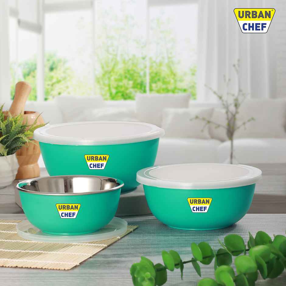 Urban Chef Microwave Safe Flora Bowl - 3 Pcs | | 500 ml + 750 ml + 1250 ml - Light Green