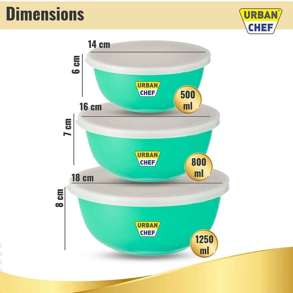 Urban Chef Microwave Safe Flora Bowl - 3 Pcs | | 500 ml + 750 ml + 1250 ml - Light Green