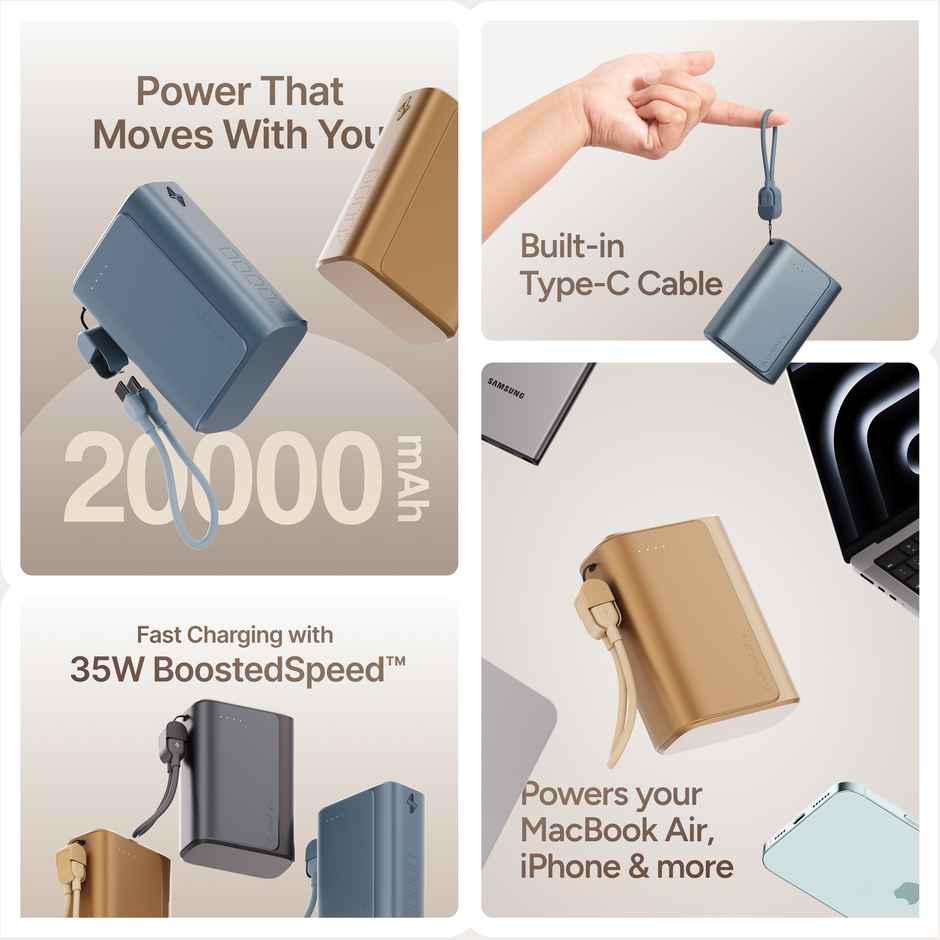 Ambrane 20000mAh 35W Powerbank | Type-C Cable | PD & USB Output | Golden