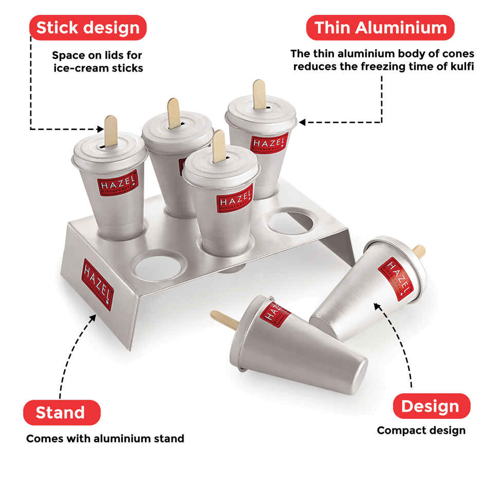 Hazel Reusable Aluminium Kulfi Mould Set, 6 Pcs With Stand, For Homemade Treats