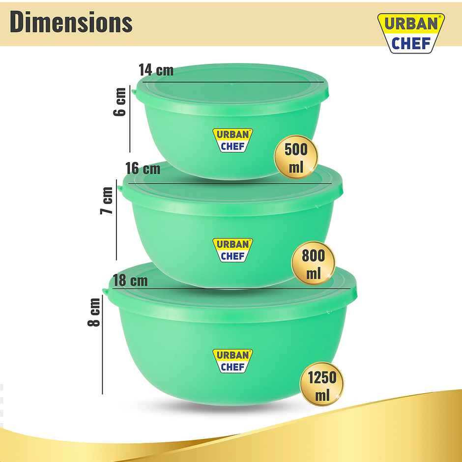 Urban Chef Microwave Safe Flora Bowl - 3 Pcs | | 500 ml + 750 ml + 1250 ml - Green
