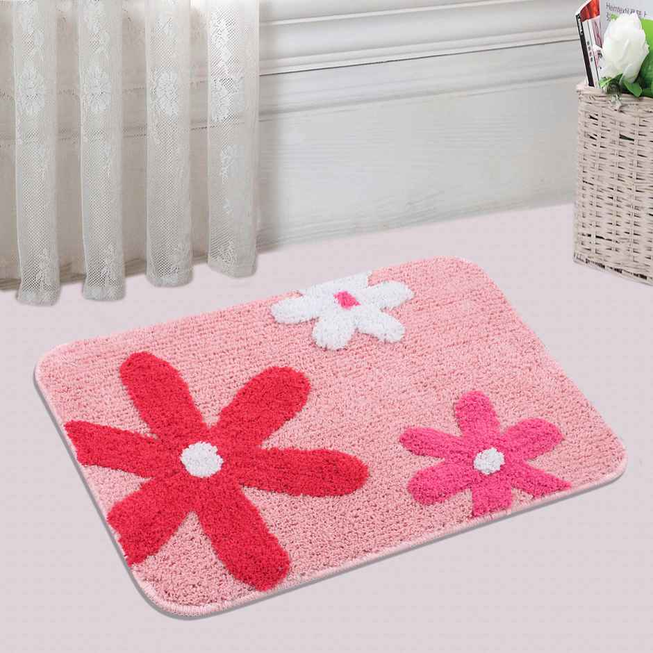 Saral Home Cotton Flower Print Anti-Slip Bathmat | 40 x 60 cm | Pink