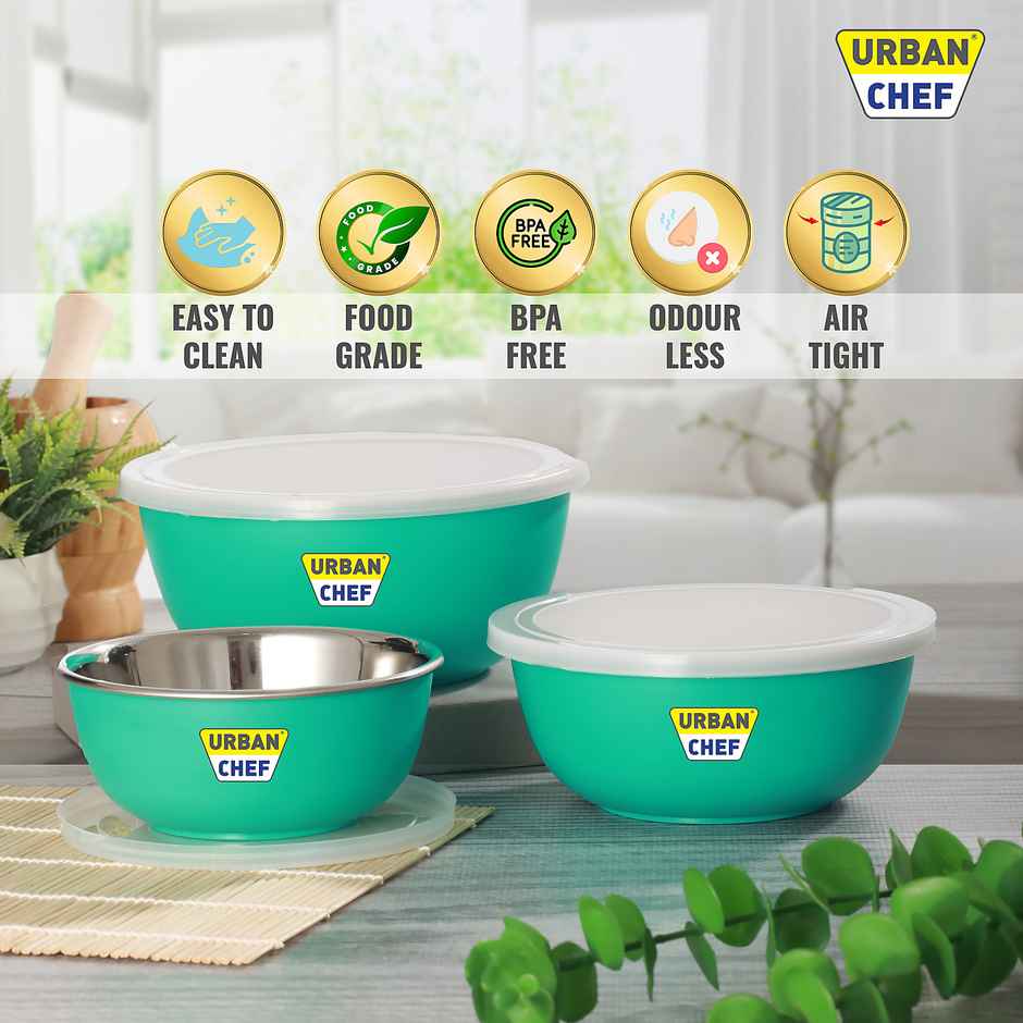 Urban Chef Microwave Safe Flora Bowl - 3 Pcs | | 500 ml + 750 ml + 1250 ml - Light Green