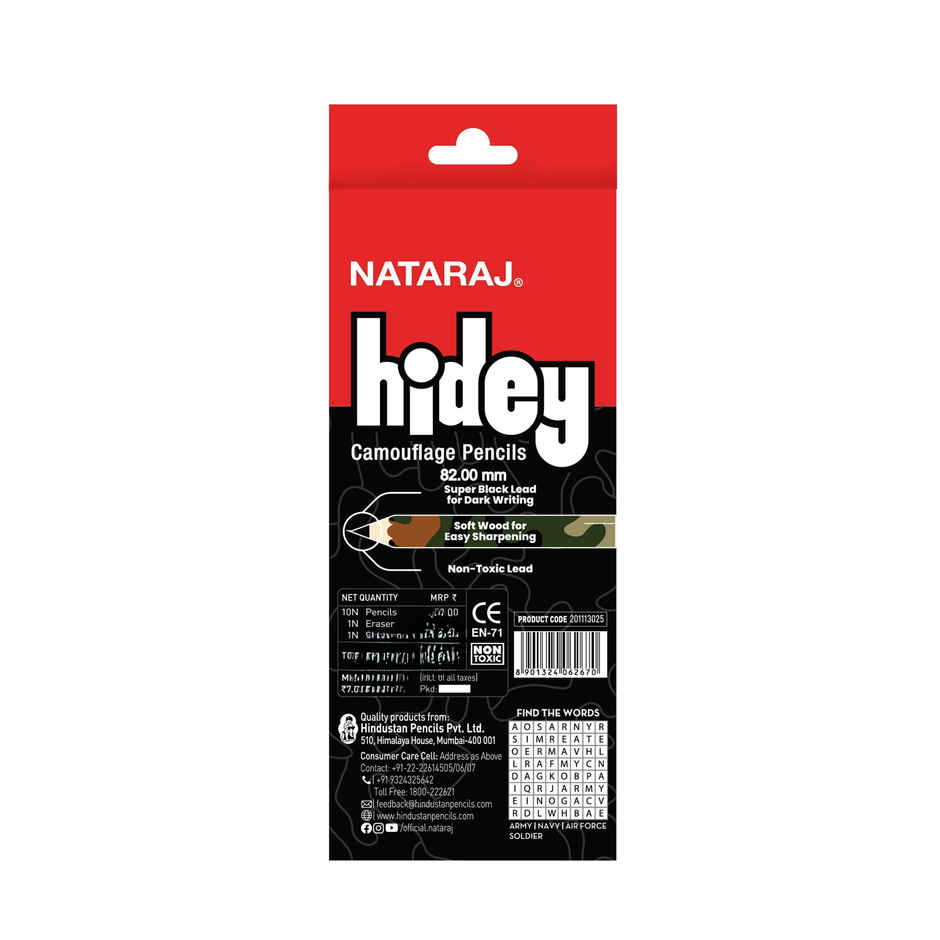 Nataraj Hidey Camouflage Pencil | Super Black Lead for Dark Writing | Soft Wood | 10 Pcs