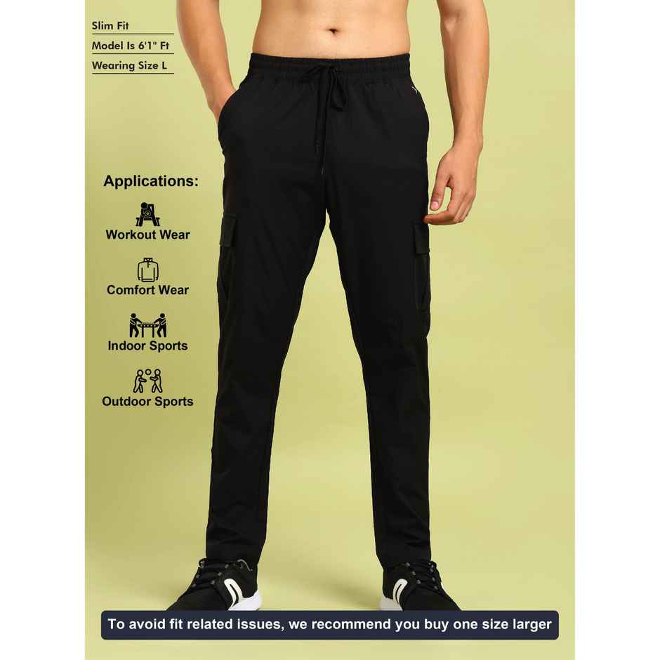 Technosport Men Poly Solid Relax Fit Sports Cargo Trackpants with TS FLEXI | Black | 2XL
