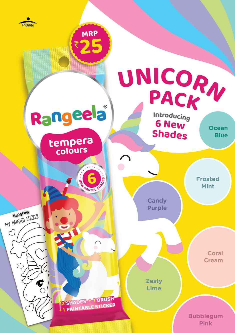 Rangeela Tempera Water Colours 12 Shades Kit with Brush | Unicorn | with 1 Paintable Sticker