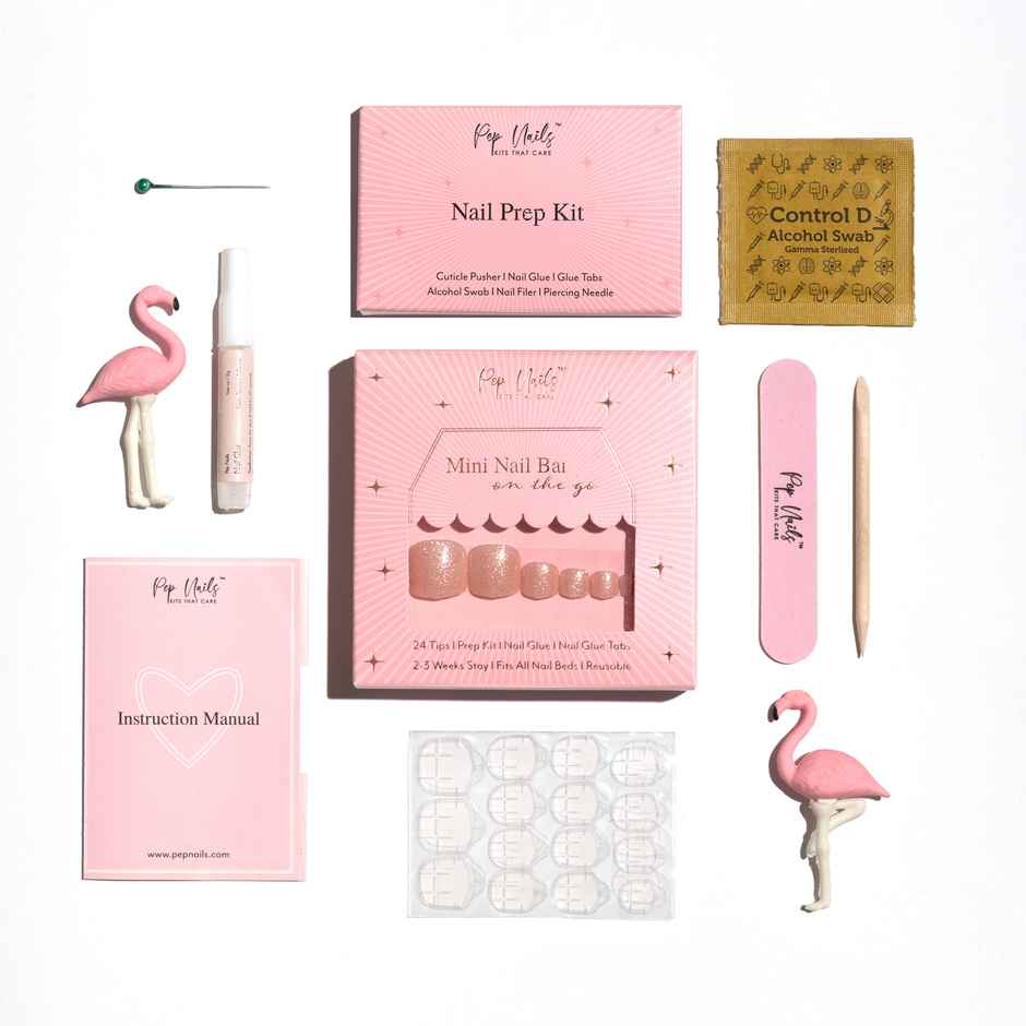 Pep Nails | Champagne | Toe Nails | Short Square Nude | Glossy Glitter Press On Nails | 24 Tips