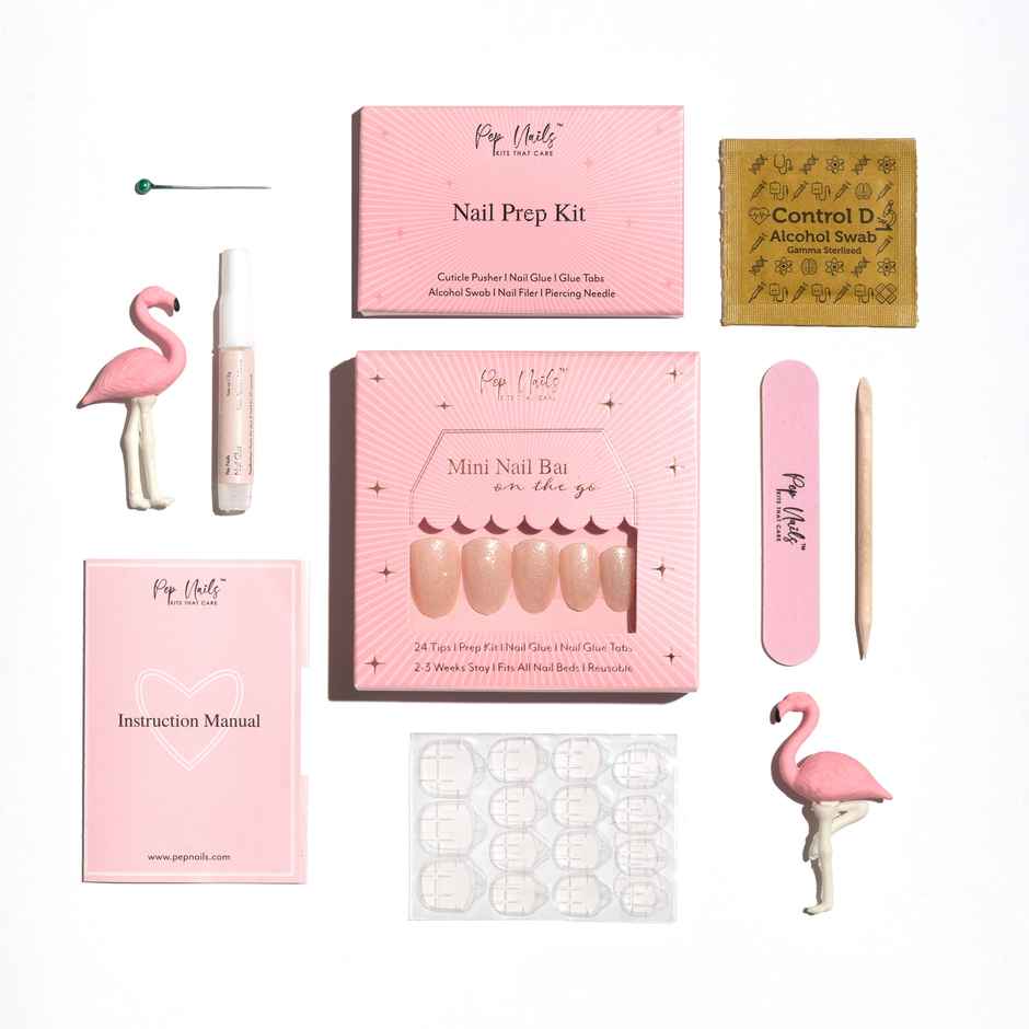 Pep Nails | Champagne | Hand Nails | Medium Round Nude | Glossy Glitter Press On Nails | 24 Tips