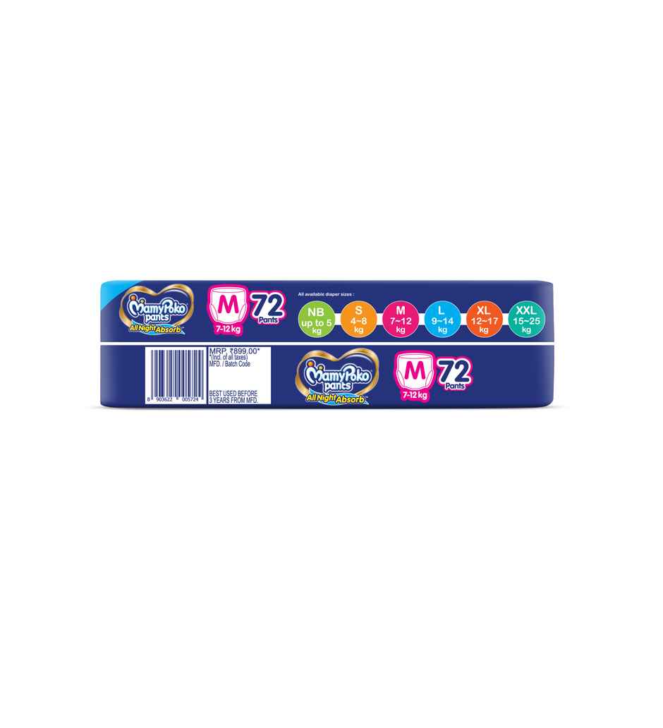 Mamypoko All Night Absorb Baby Diapers | Pant Style | M | 72 pcs