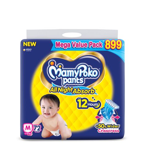 Mamypoko All Night Absorb Baby Diapers | Pant Style | M | 72 pcs