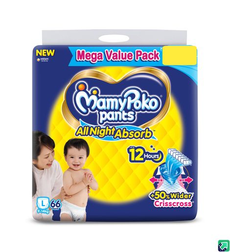 Mamypoko All Night Absorb Baby Diapers | Pant Style | L | 66 pcs