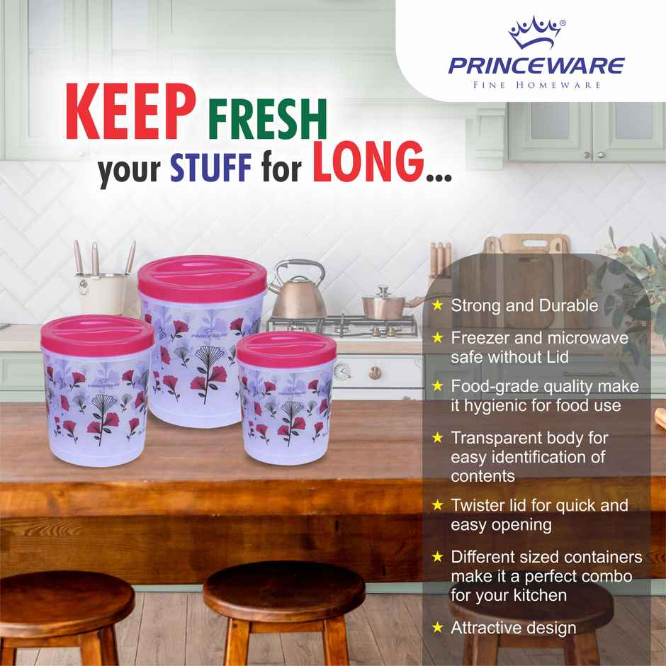 Princeware Twister Aata/dal/rice Container Set of 3 Pcs | 5.1 L+7.1 L+ 9.7 L | Printed- Pink